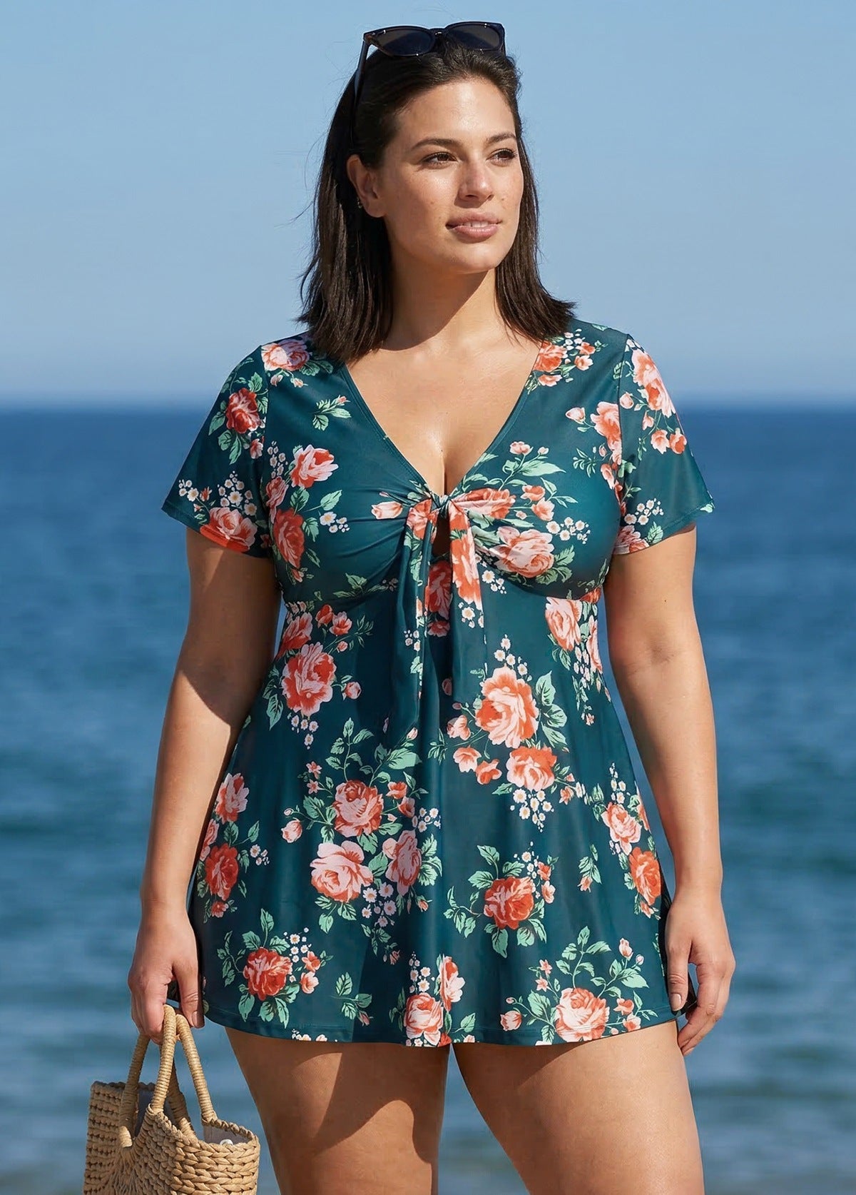 Plus Size Green Floral Short Sleeve Ladies Bathing Suits Swimdress Set