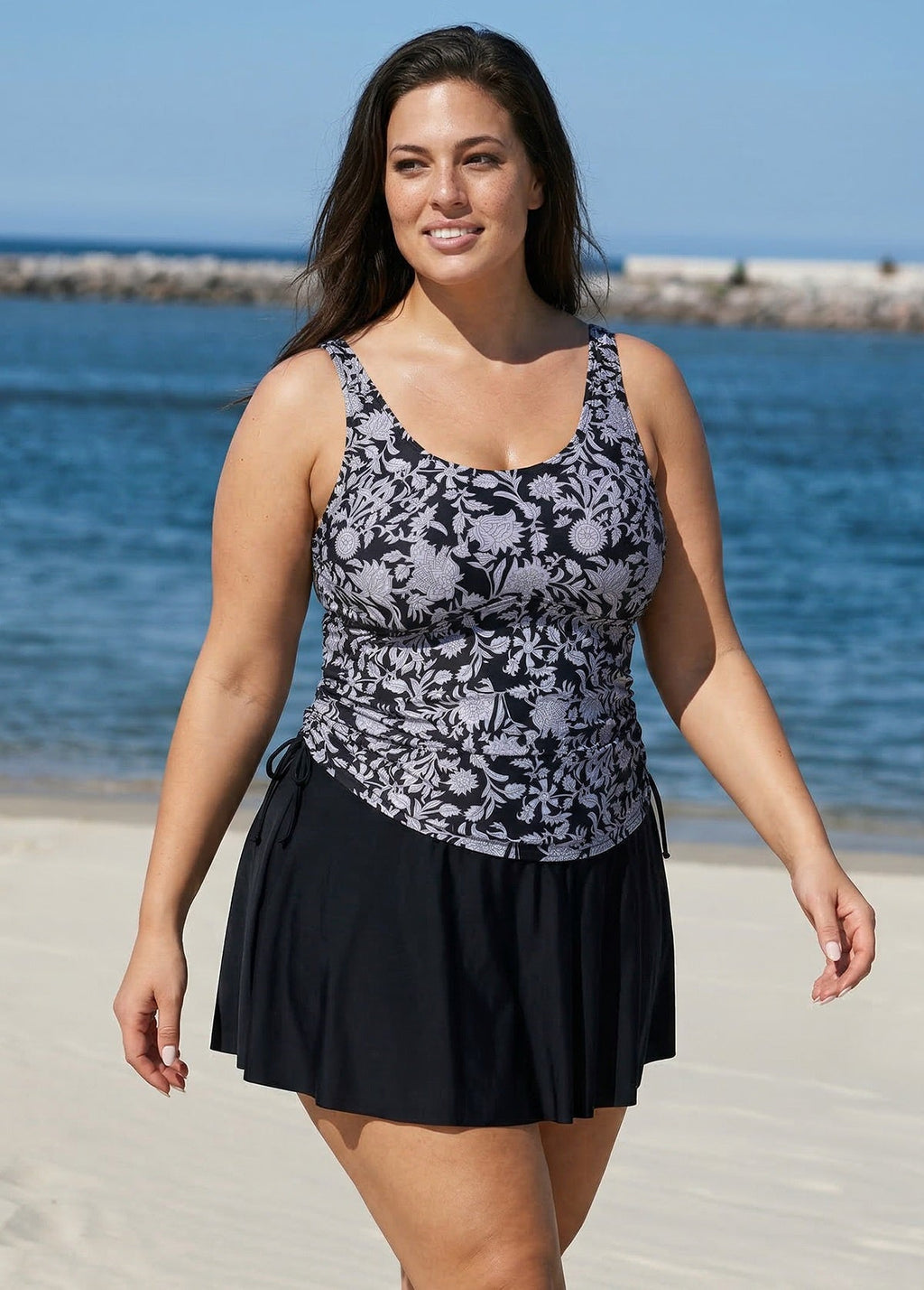 Natural Flowers Tie Knot Drawstring Swim Dress Top