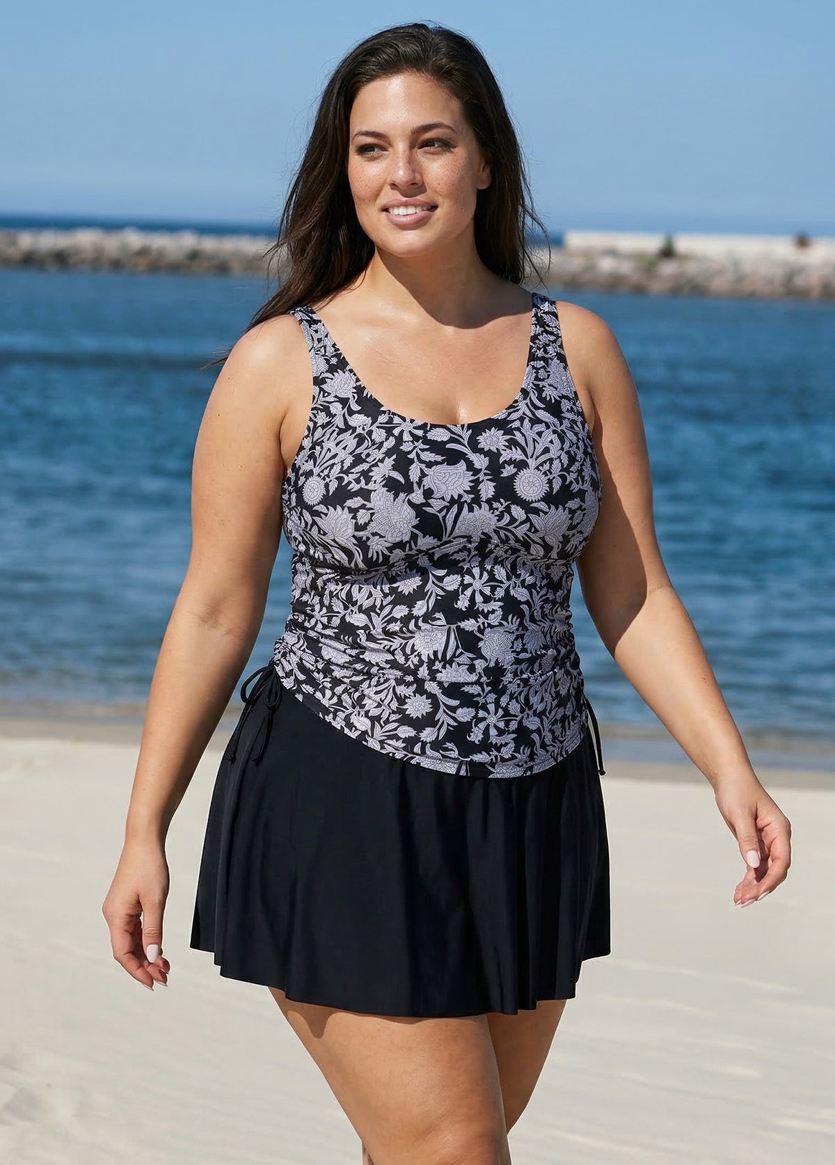 Natural Flowers Tie Knot Drawstring Swim Dress Top