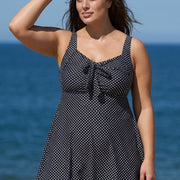 Women's Black Polka Dot Tie Front Modest One Piece Swimdress