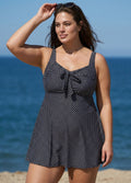 Women's Black Polka Dot Tie Front Modest One Piece Swimdress