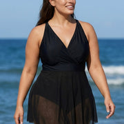 Black V Neck Mesh Fashion Plus Size One Piece Swimdress