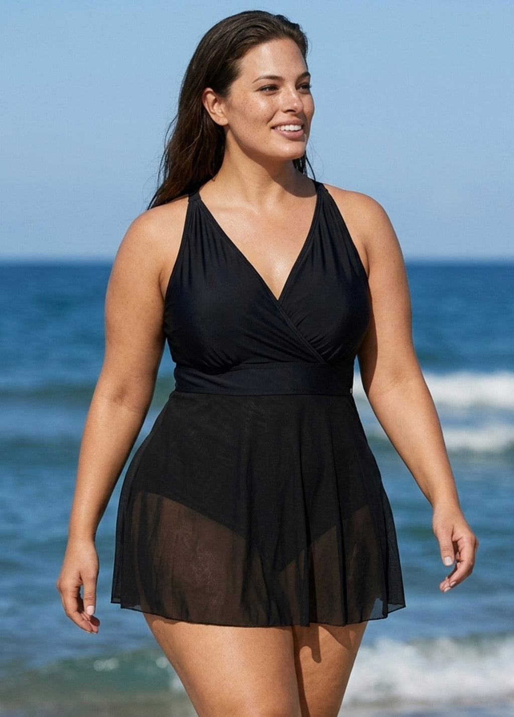 Black V Neck Mesh Fashion Plus Size One Piece Swimdress