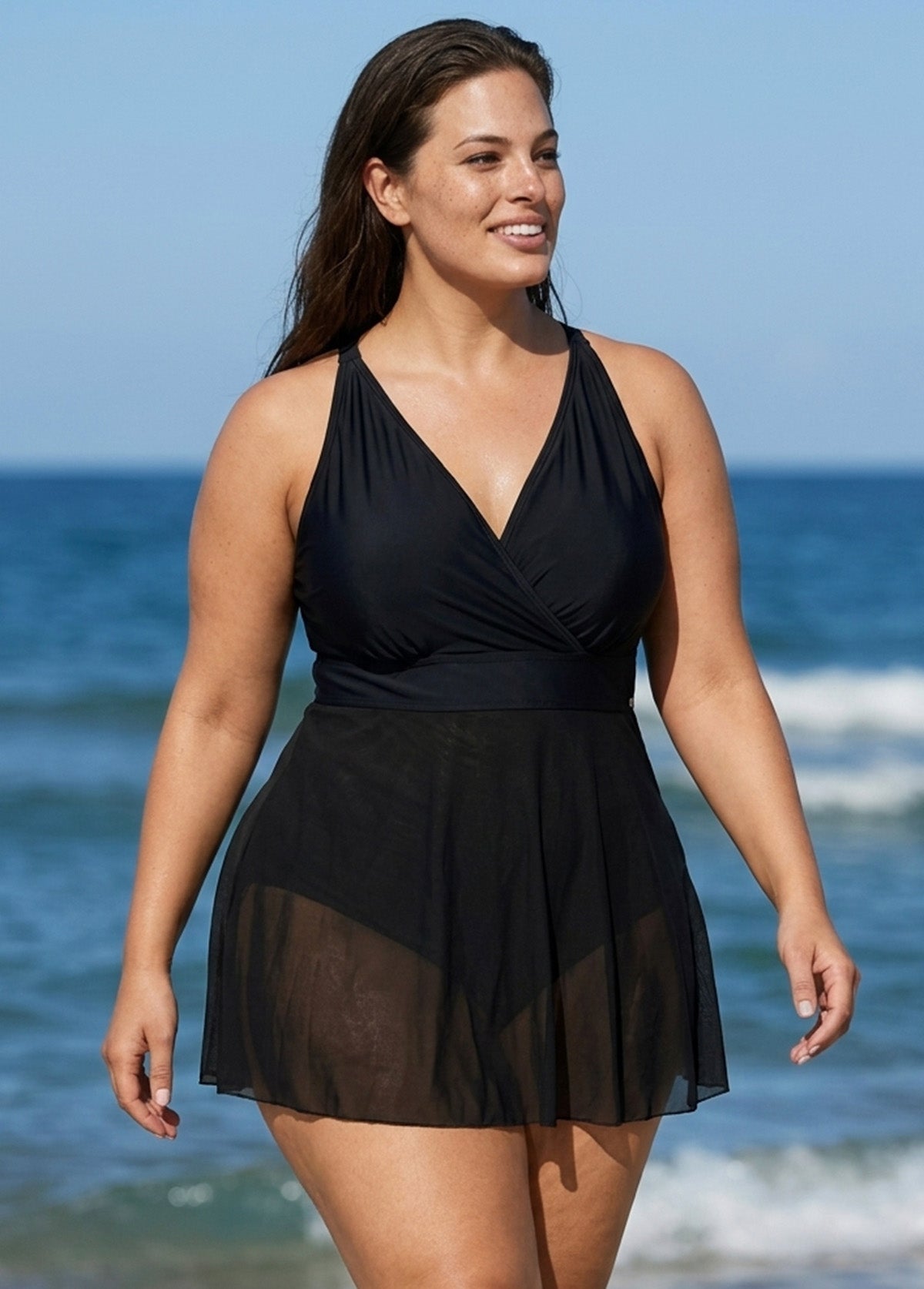 Black V Neck Mesh Fashion Plus Size One Piece Swimdress