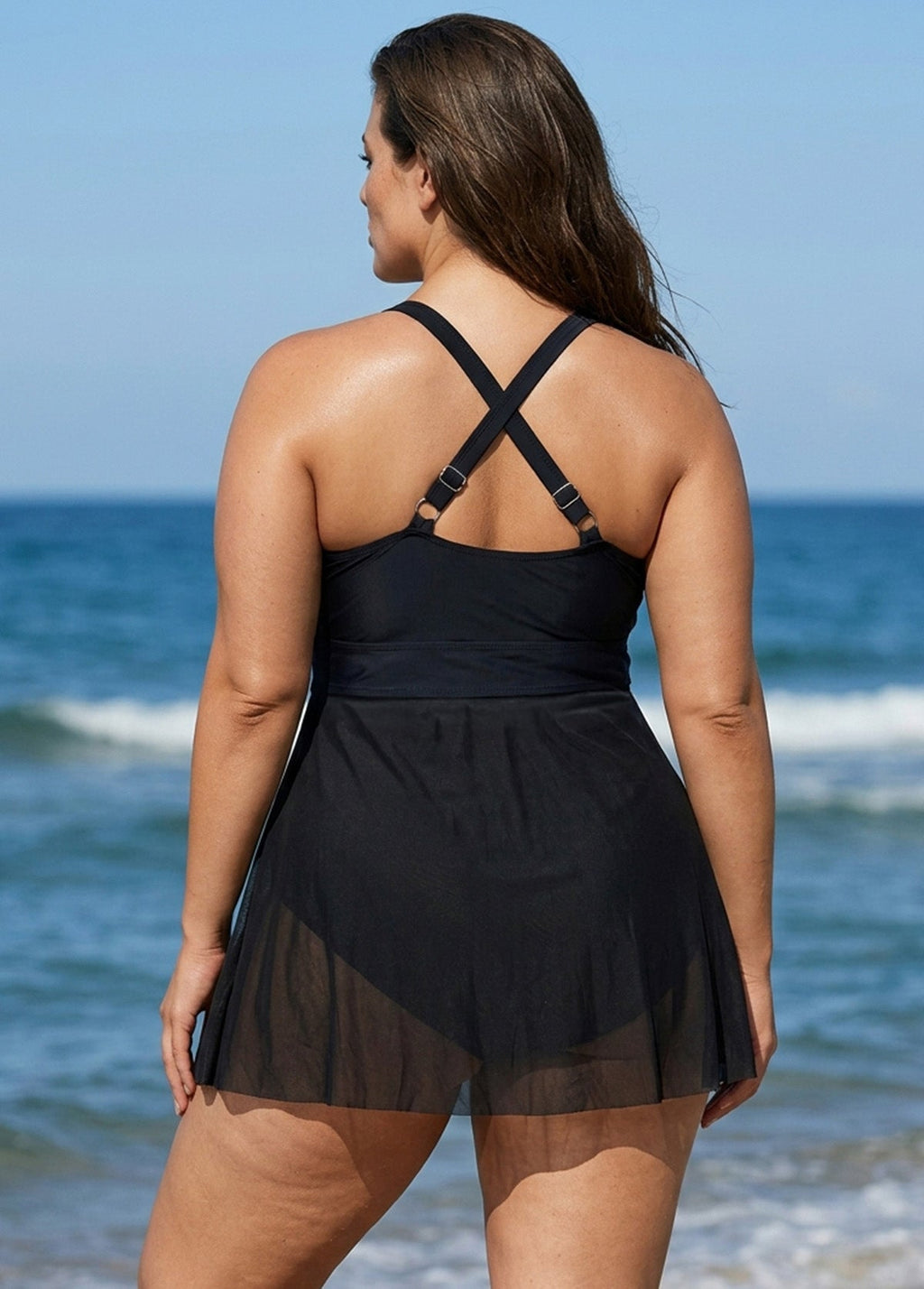 Black V Neck Mesh Fashion Plus Size One Piece Swimdress