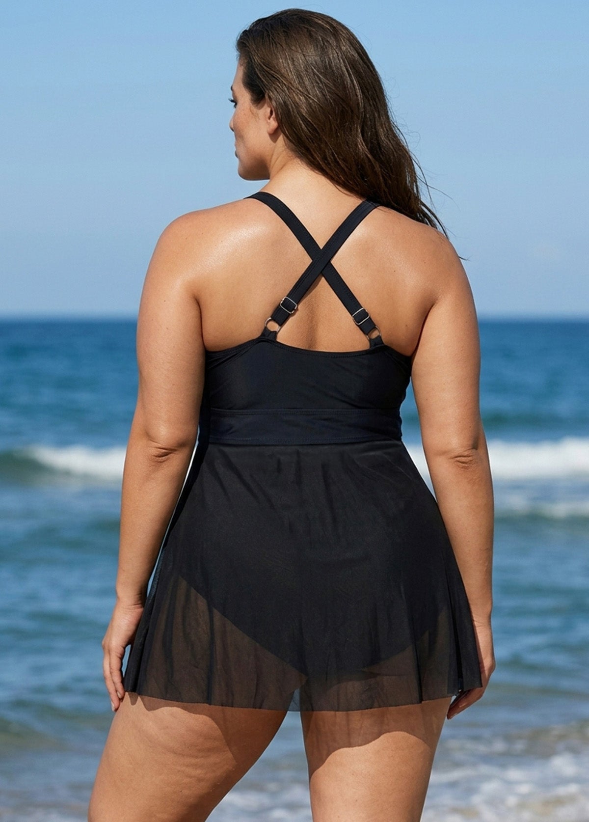 Black V Neck Mesh Fashion Plus Size One Piece Swimdress