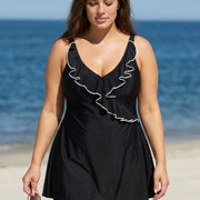 Black And White Ruffles Plus Size Fashion Swimdress Top