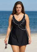 Black And White Ruffles Plus Size Fashion Swimdress Top