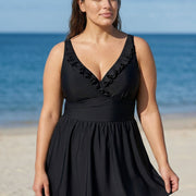 Black Plus Size Solid Color V Neck Ruffle One Piece Swimdress