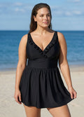 Black Plus Size Solid Color V Neck Ruffle One Piece Swimdress