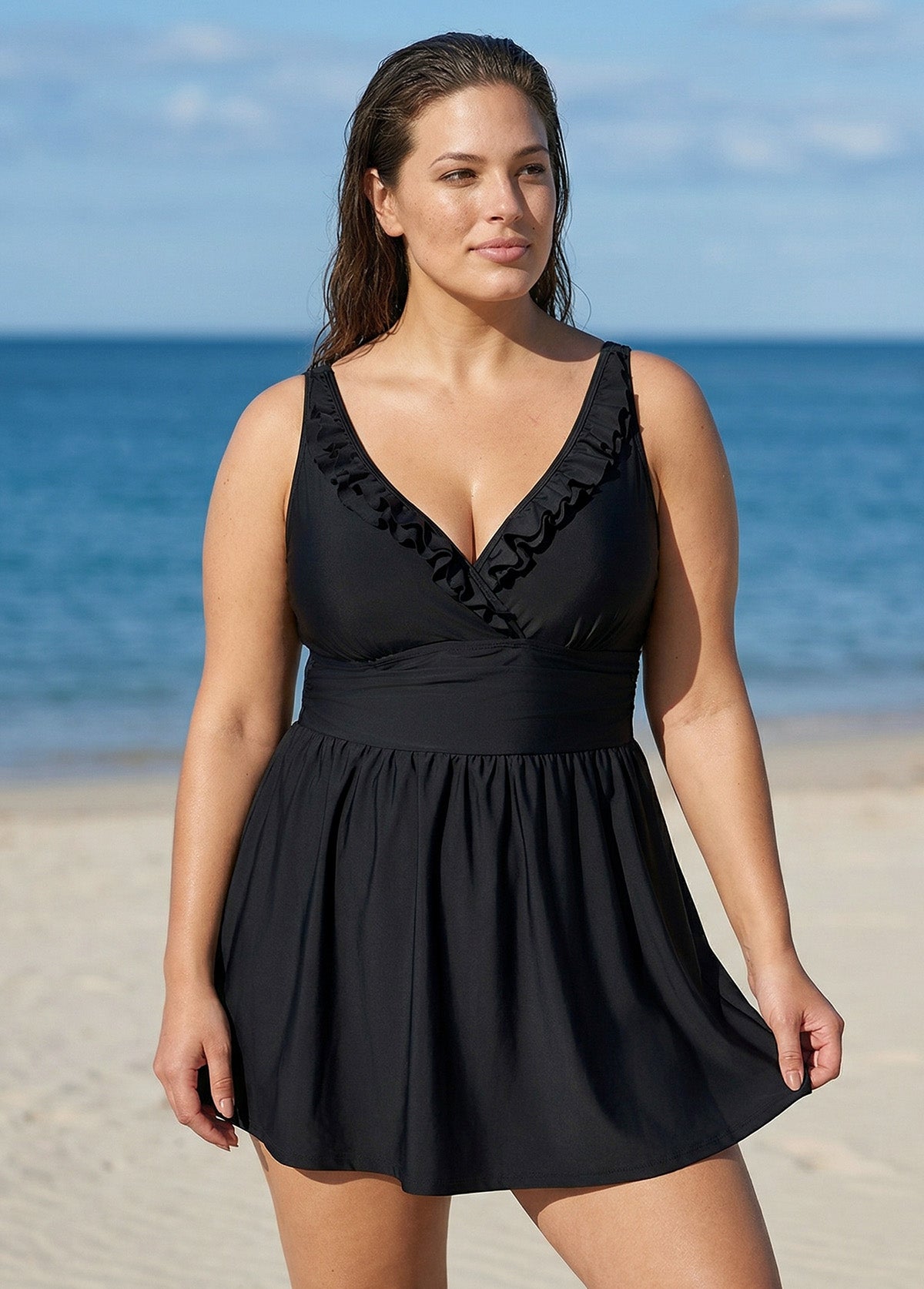 Black Plus Size Solid Color V Neck Ruffle One Piece Swimdress