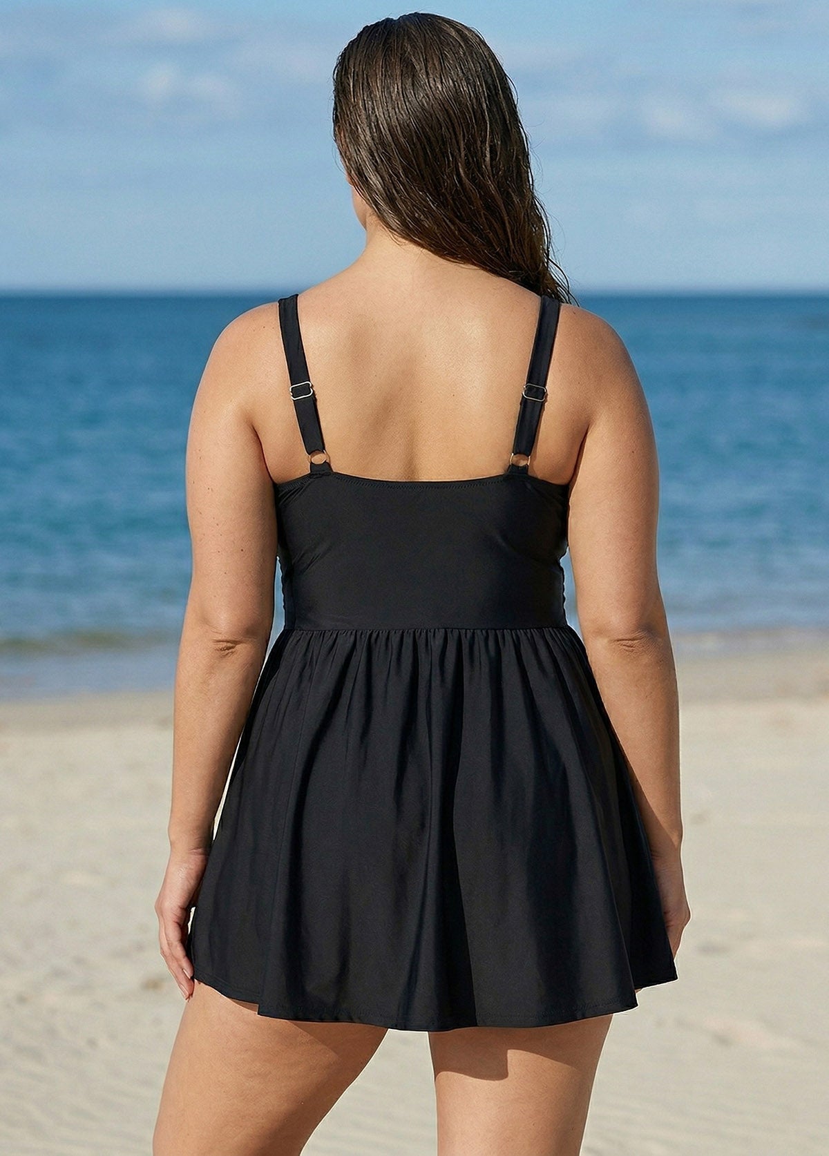 Black Plus Size Solid Color V Neck Ruffle One Piece Swimdress