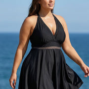 Black Plus Size V Neck Lace Mesh One Piece Swimdress