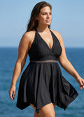 Black Plus Size V Neck Lace Mesh One Piece Swimdress