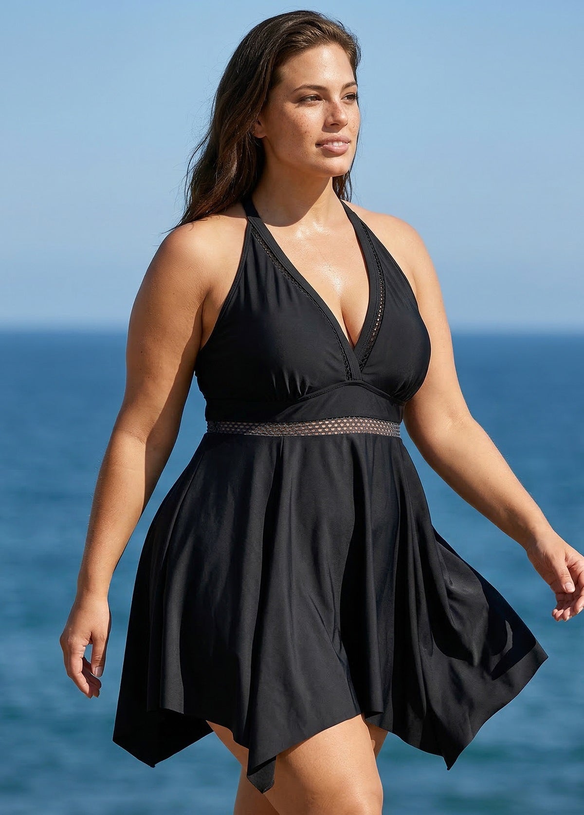 Black Plus Size V Neck Lace Mesh One Piece Swimdress