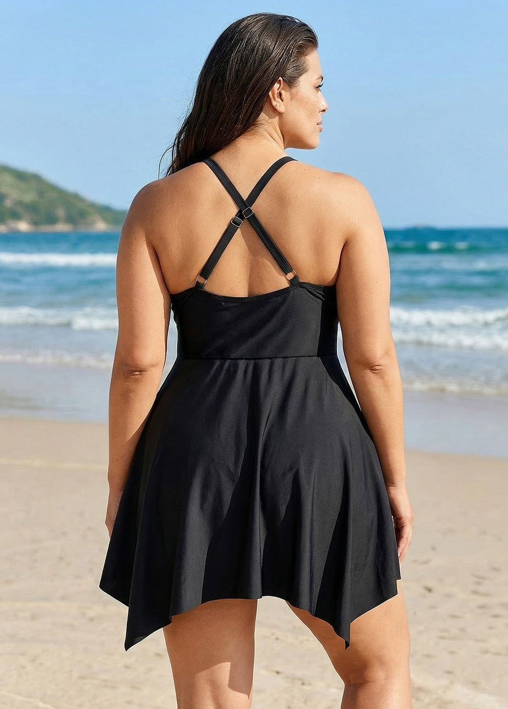Black Plus Size V Neck Lace Mesh One Piece Swimdress