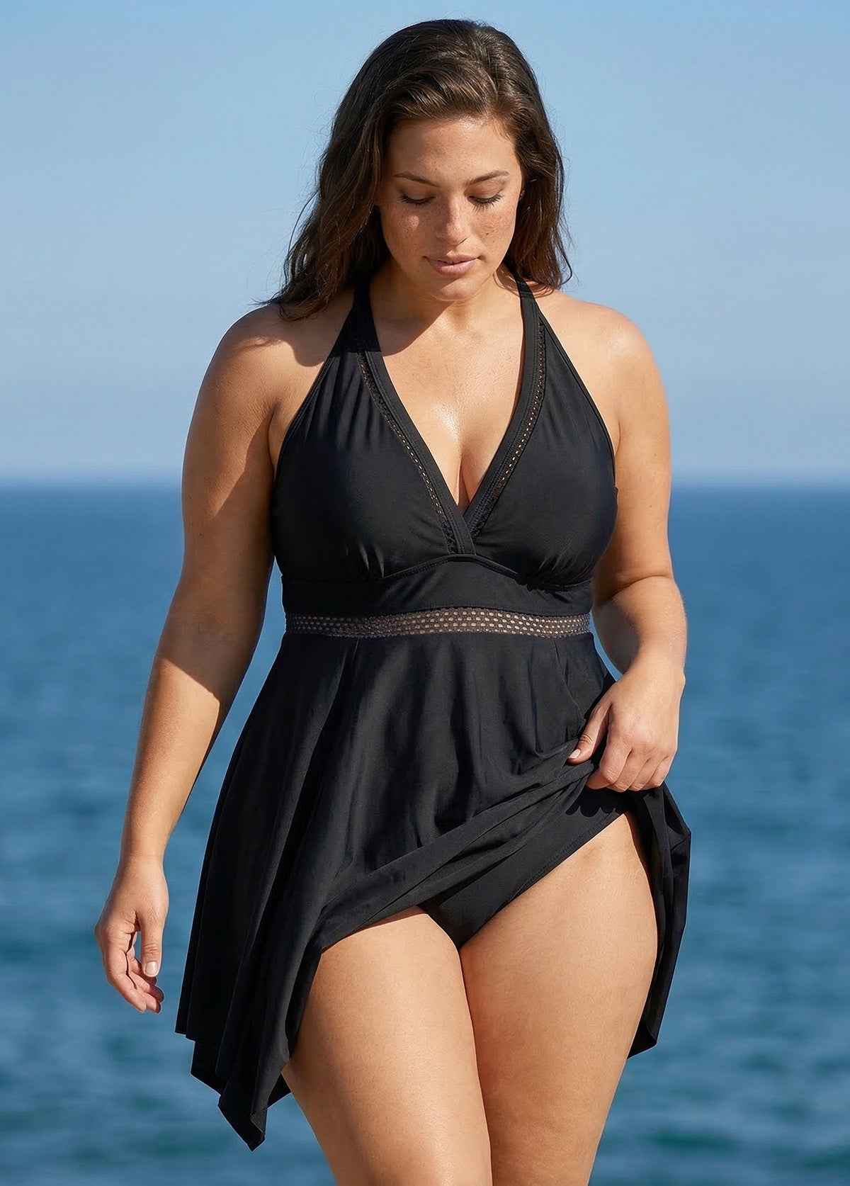 Black Plus Size V Neck Lace Mesh One Piece Swimdress