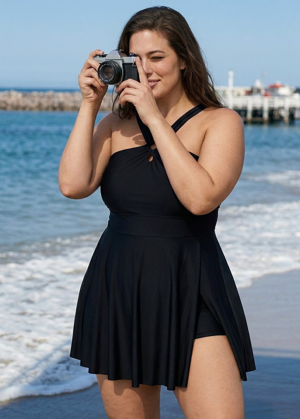 Black Hollow Side Slit Fashion One Piece Swimdress