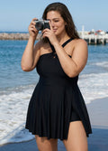 Black Hollow Side Slit Fashion One Piece Swimdress