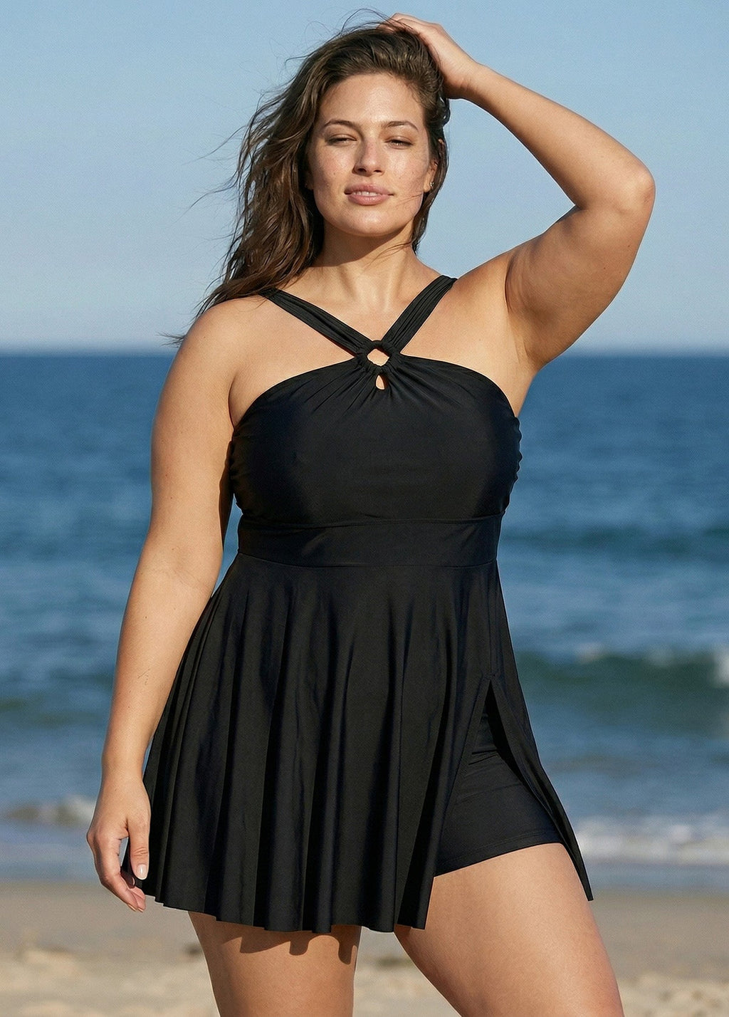 Black Hollow Side Slit Fashion One Piece Swimdress