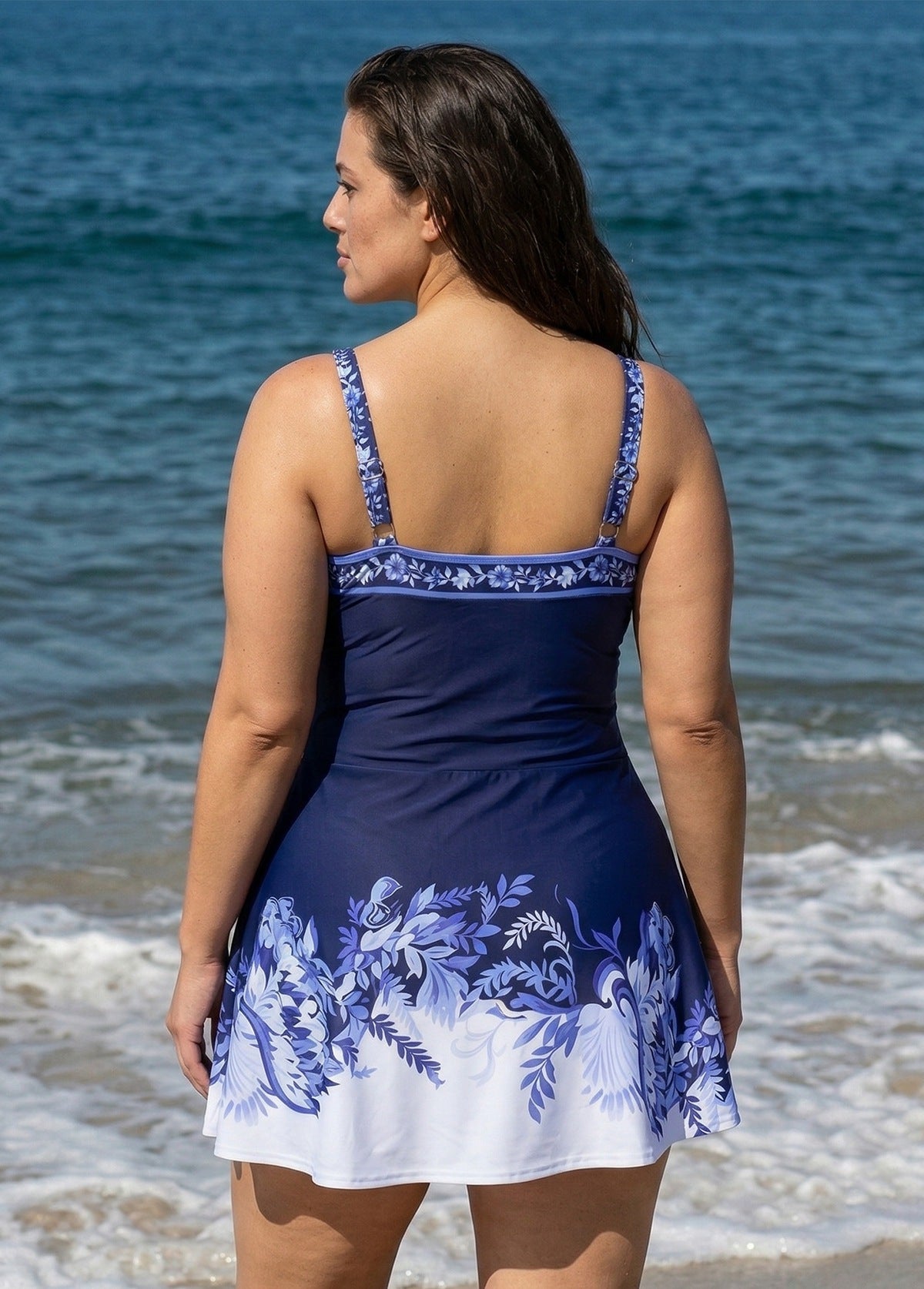 Navy White Floral Vintage Side Knot Side Slit Curvy Women's Swimsuit One Piece Swimdress