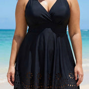 Curvy Black Laser Cut Ruched Swim Skirts For Women One Piece Swimdress