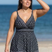 Curvy Black And White Floral V Neck Sleeveless Modest Women's Swimsuit Swimdress Set