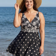 Curvy Black Palm Tree Print V Neck Sleeveless Vintage Women's Swimsuit Swimdress Set