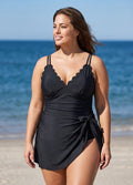 Curvy Black Delicate Scalloped Neckline with Built-in Inner Shorts One Piece Swimdress