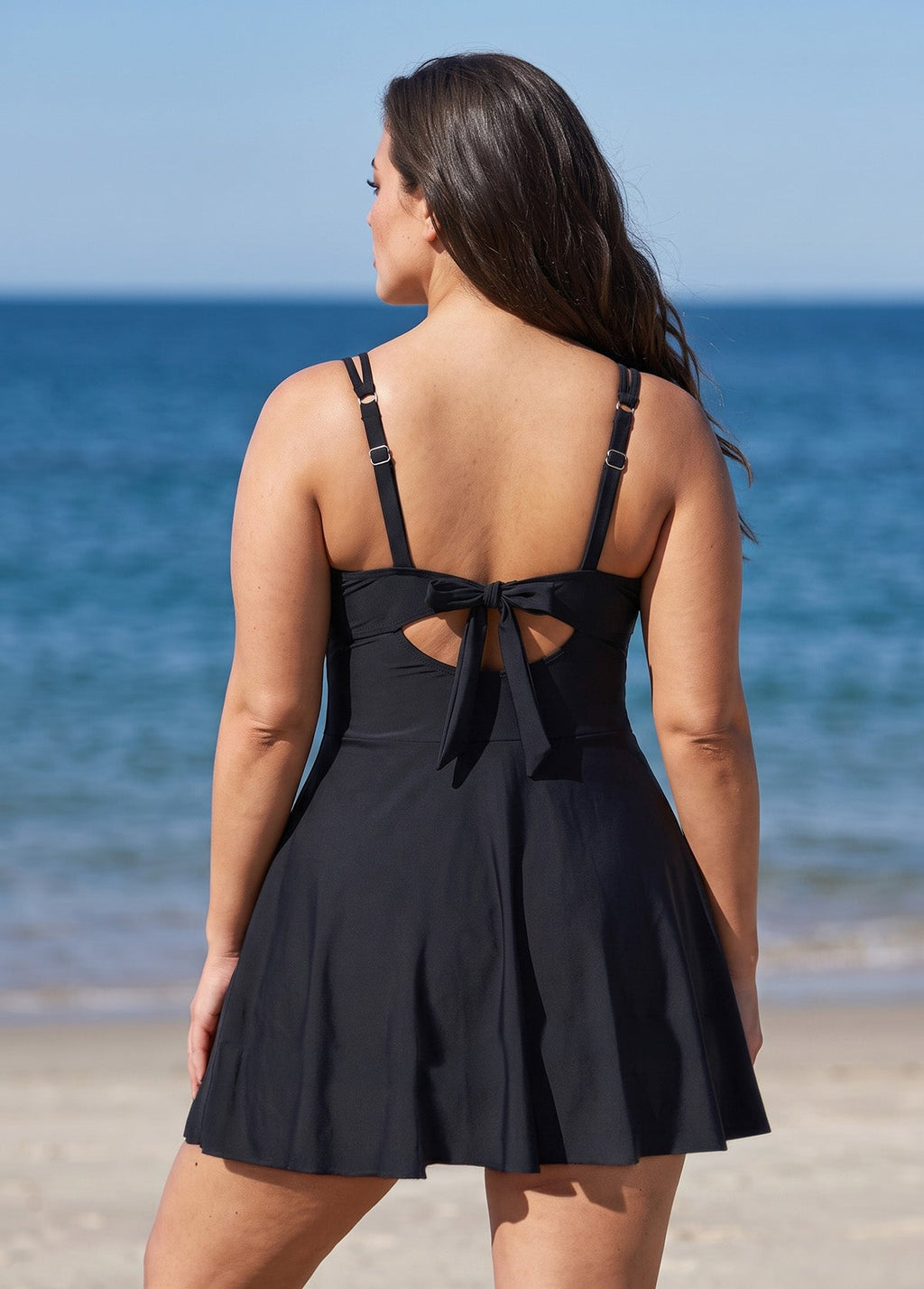 Curvy Black Delicate Scalloped Neckline with Built-in Inner Shorts One Piece Swimdress