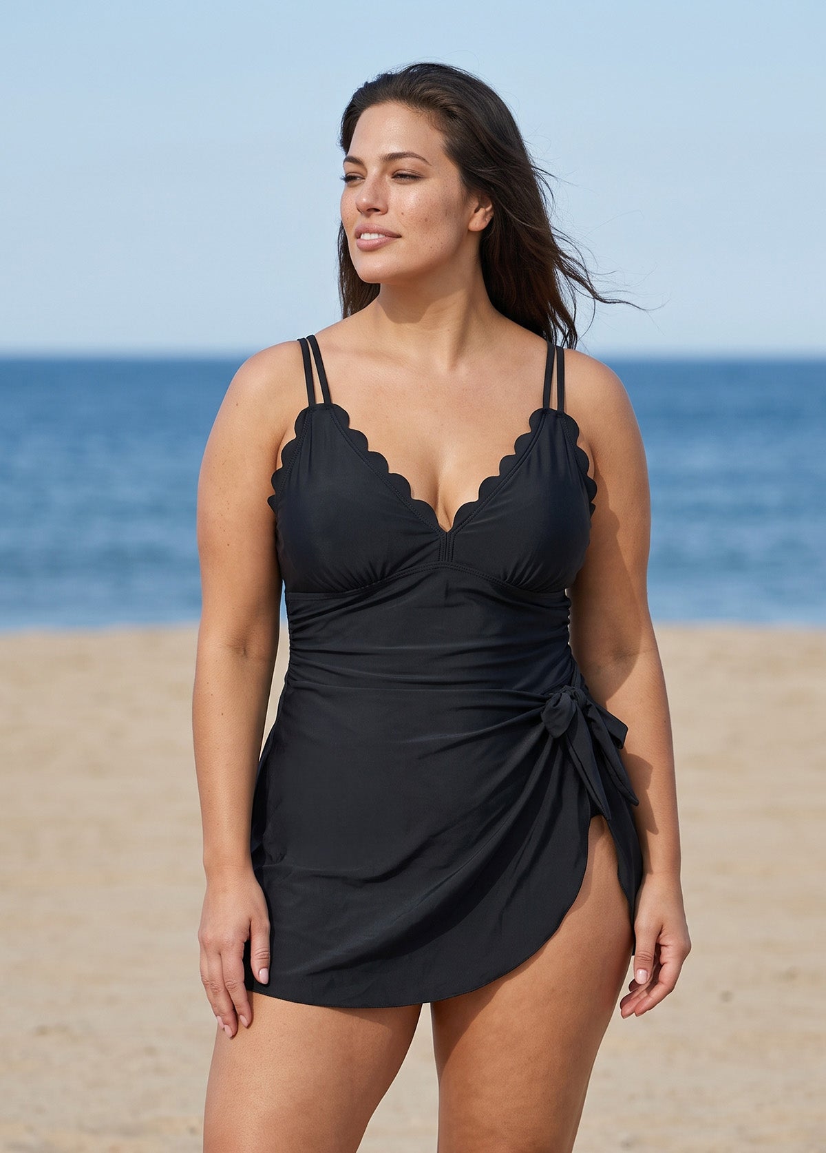 Curvy Black Delicate Scalloped Neckline with Built-in Inner Shorts One Piece Swimdress