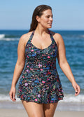 Black Floral Vintage Botanical Print Modest Halter Curvy Skirted One Piece Swimdress