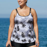 Plus Size Black And White Plants Print Double Straps Modest Tankini Top