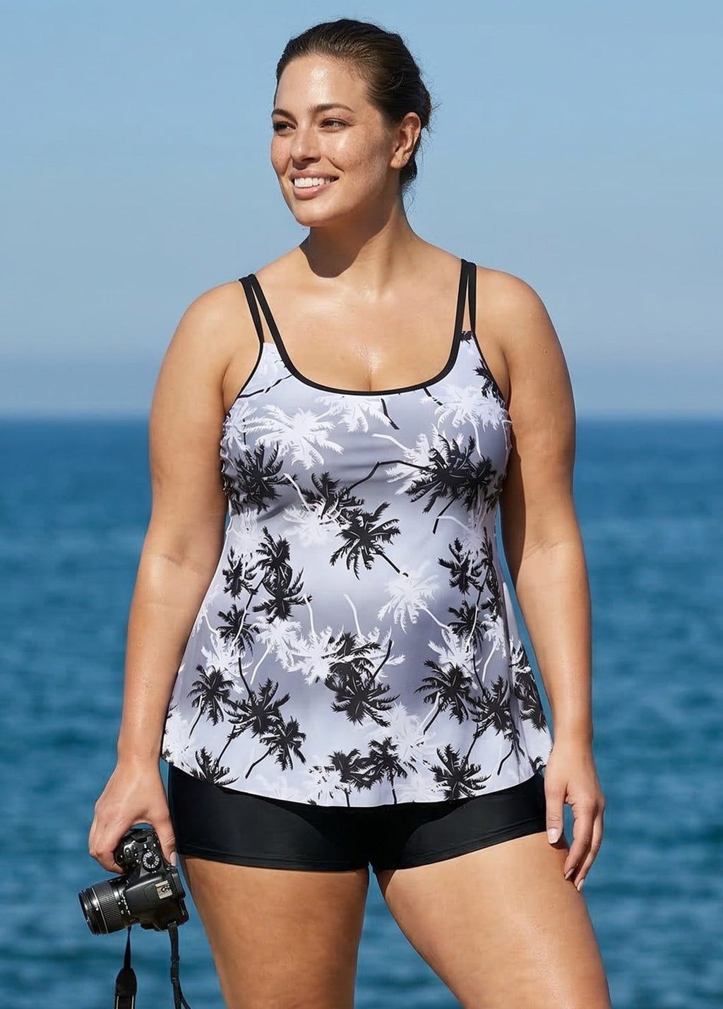 Plus Size Black And White Plants Print Double Straps Modest Tankini Top