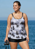 Plus Size Black And White Plants Print Double Straps Modest Tankini Top