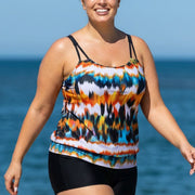 Stylish And Flattering Yellow Tie Dye Adjustable Double Straps Tankini Top