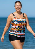 Stylish And Flattering Yellow Tie Dye Adjustable Double Straps Tankini Top