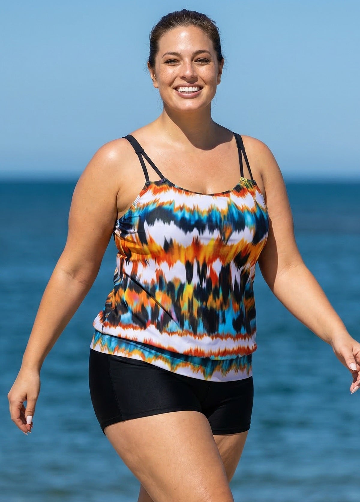 Stylish And Flattering Yellow Tie Dye Adjustable Double Straps Tankini Top