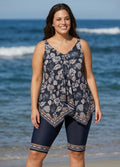 Black Vintage Floral Print Modest Asymmetrical Hem Curvy Swimsuit Two Piece Long Tankini Set