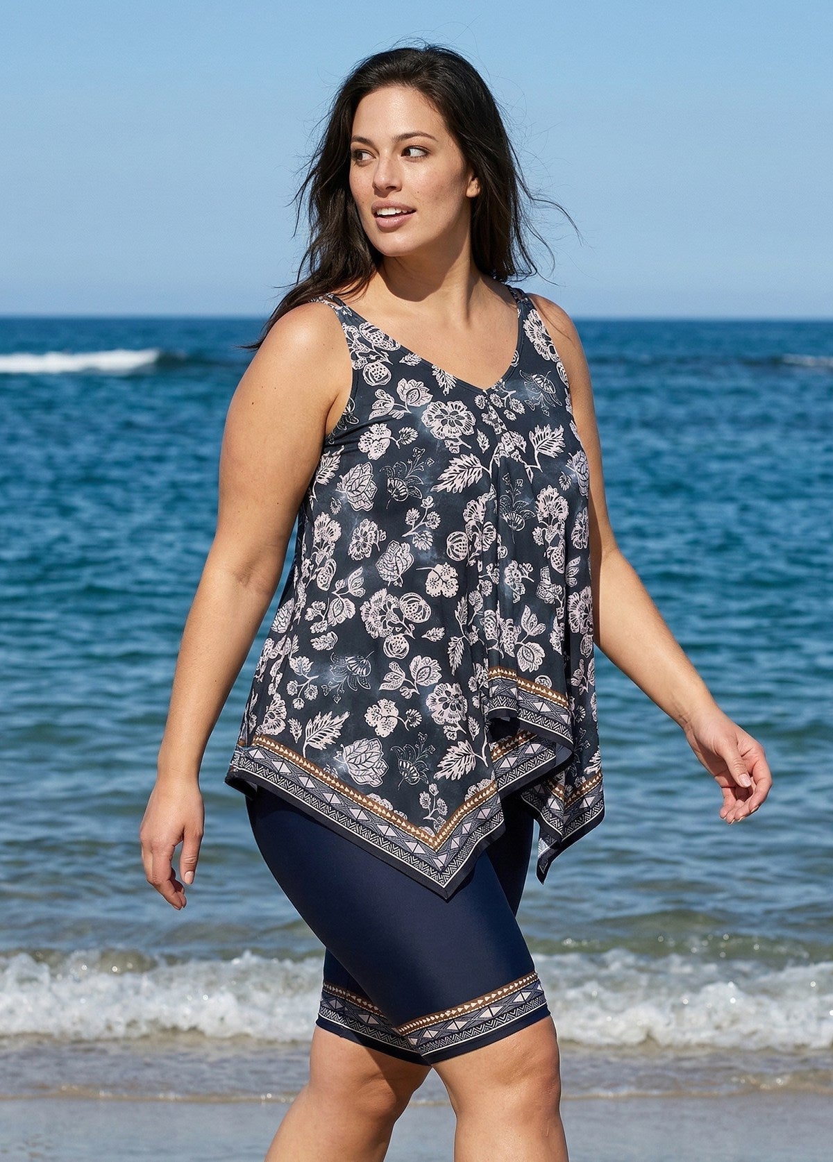 Black Vintage Floral Print Modest Asymmetrical Hem Curvy Swimsuit Two Piece Long Tankini Set