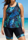Women Plus Size Plants Print Scoop Neck Stretch Rash Guard Tankini Set