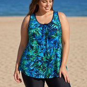 Navy Leaf Scoop Neck Wide Strap Vintage Padded Loose Fit Plus Size Swimsuit Tankini Top