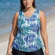 Drawstring Plants Print Fashionable Crochet Fresh Blue Tankini Top