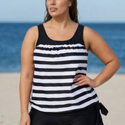Plus Size Black And White Striped Print Sports Tankini Top