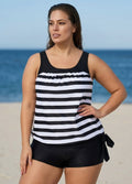 Plus Size Black And White Striped Print Sports Tankini Top
