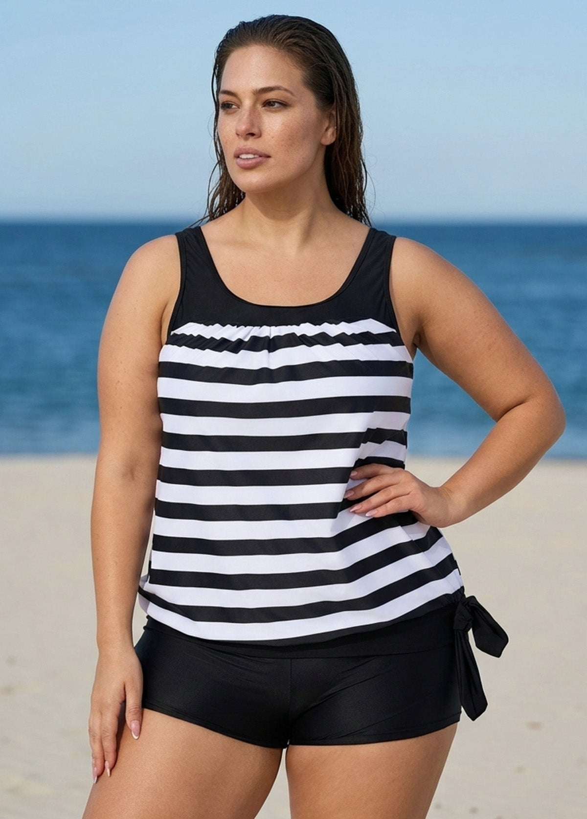 Plus Size Black And White Striped Print Sports Tankini Top