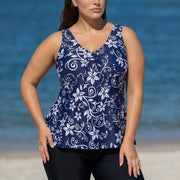 Plus Size Navy Floral Drawstring Swimsuit And Swimwear Tankini Top