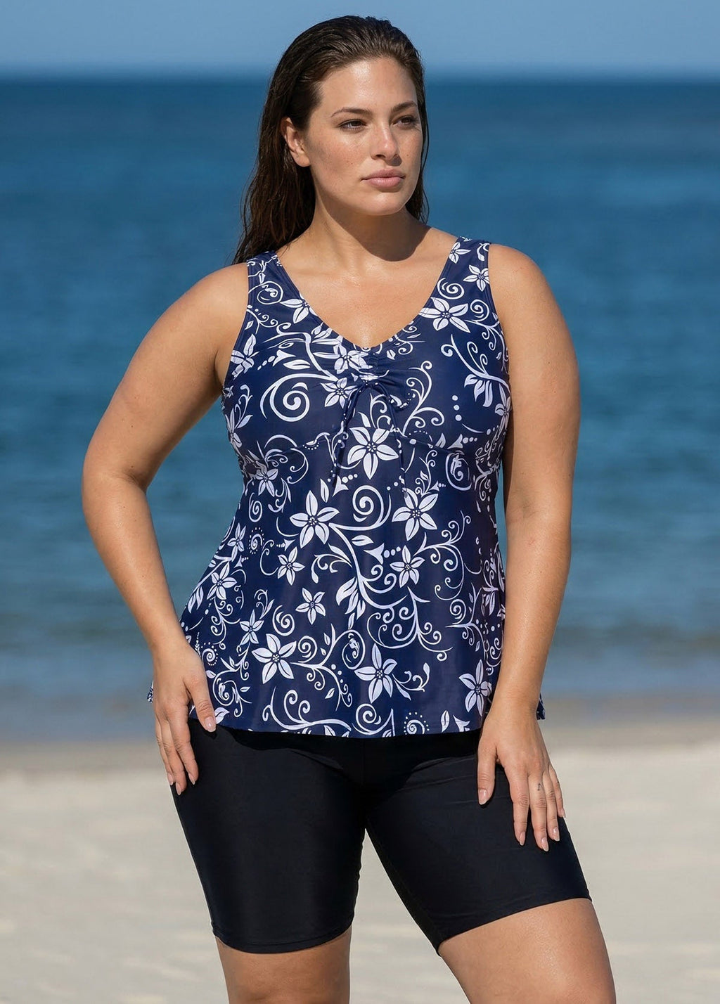 Plus Size Navy Floral Drawstring Swimsuit And Swimwear Tankini Top