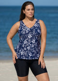Plus Size Navy Floral Drawstring Swimsuit And Swimwear Tankini Top