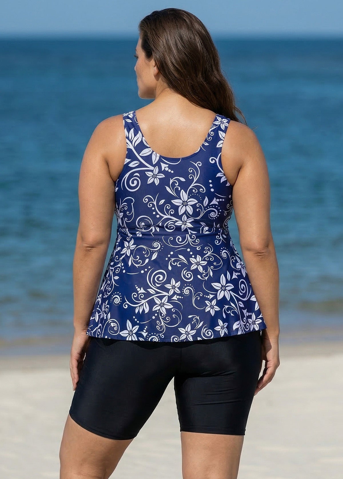 Plus Size Navy Floral Drawstring Swimsuit And Swimwear Tankini Top